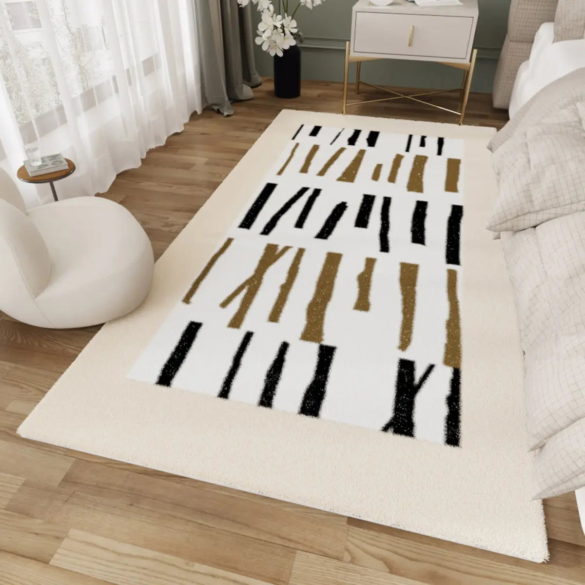 Stylish Bedroom Beige Rectangle Plush 	Striped Area Rug Image - 1