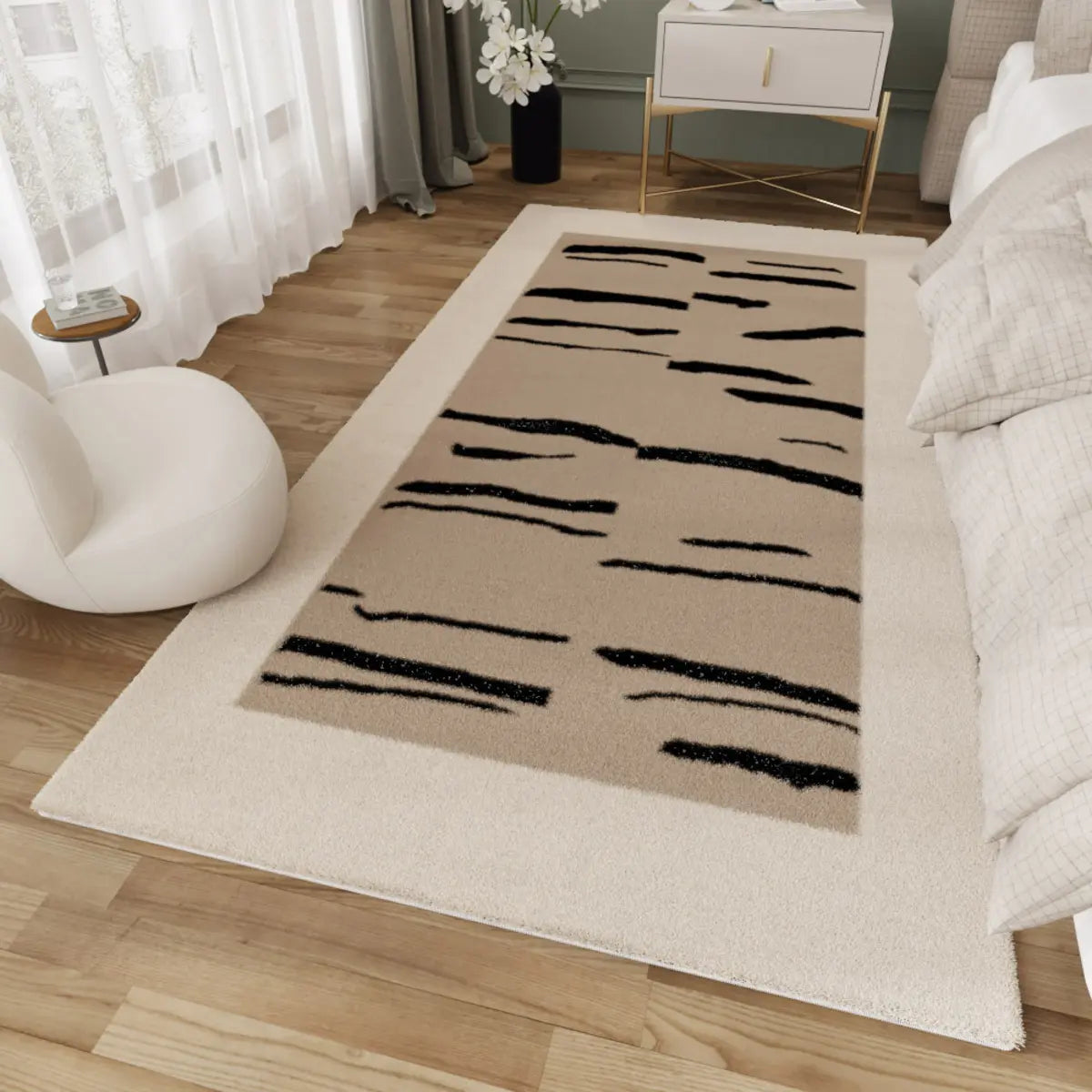 Stylish Bedroom Beige Rectangle Plush 	Striped Area Rug Image - 4