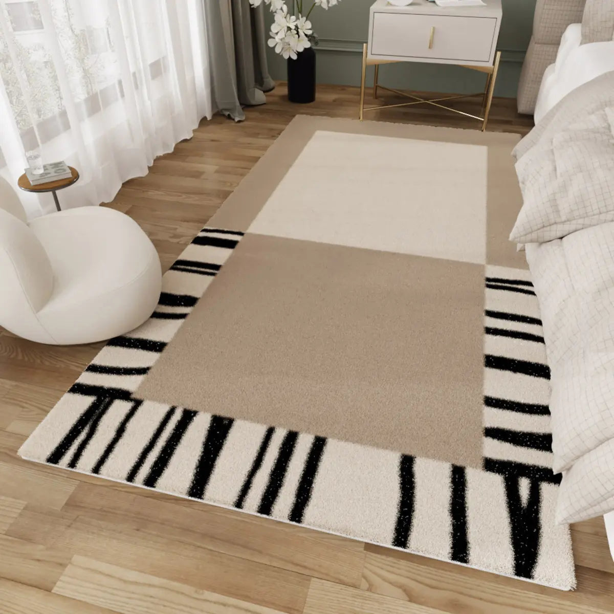 Stylish Bedroom Beige Rectangle Plush 	Striped Area Rug Image - 7