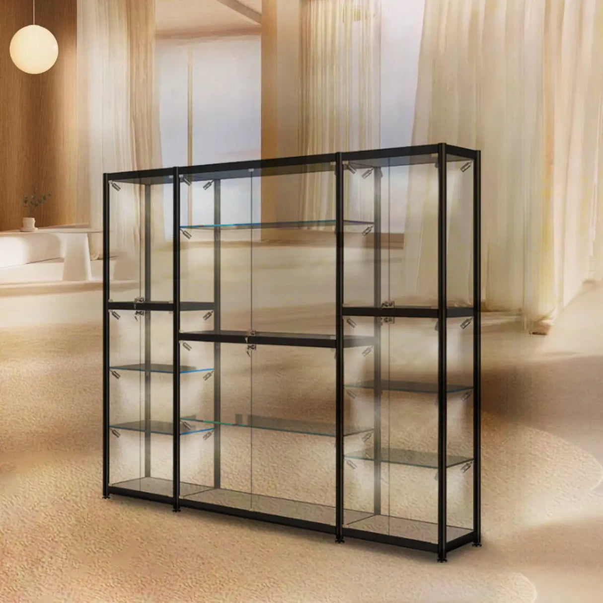 Stylish Black Clear Glass Adjustable Display Cabinet Image - 14