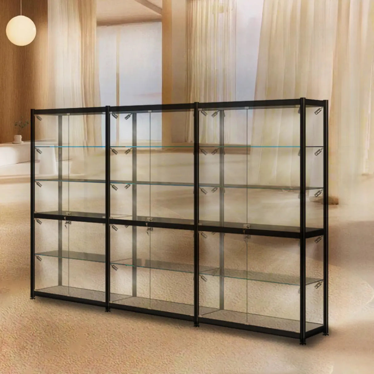 Stylish Black Clear Glass Adjustable Display Cabinet Image - 16