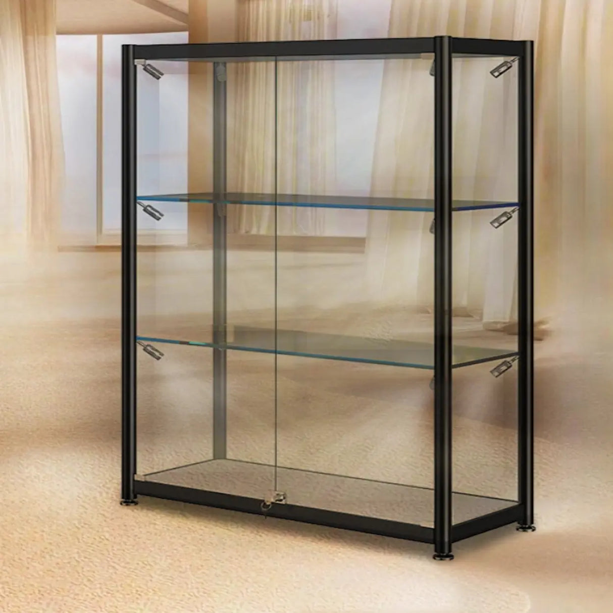 Stylish Black Clear Glass Adjustable Display Cabinet Image - 3