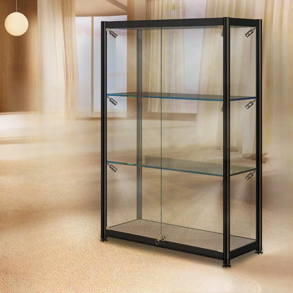 Stylish Black Clear Glass Adjustable Display Cabinet Image - 4