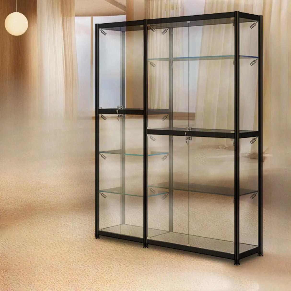 Stylish Black Clear Glass Adjustable Display Cabinet Image - 7
