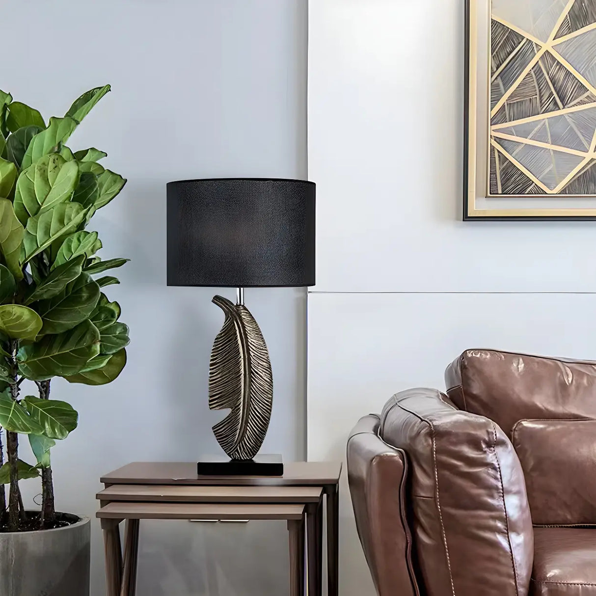 Stylish Black Drum Shade Chic Feather Base Table Lamp Image - 1