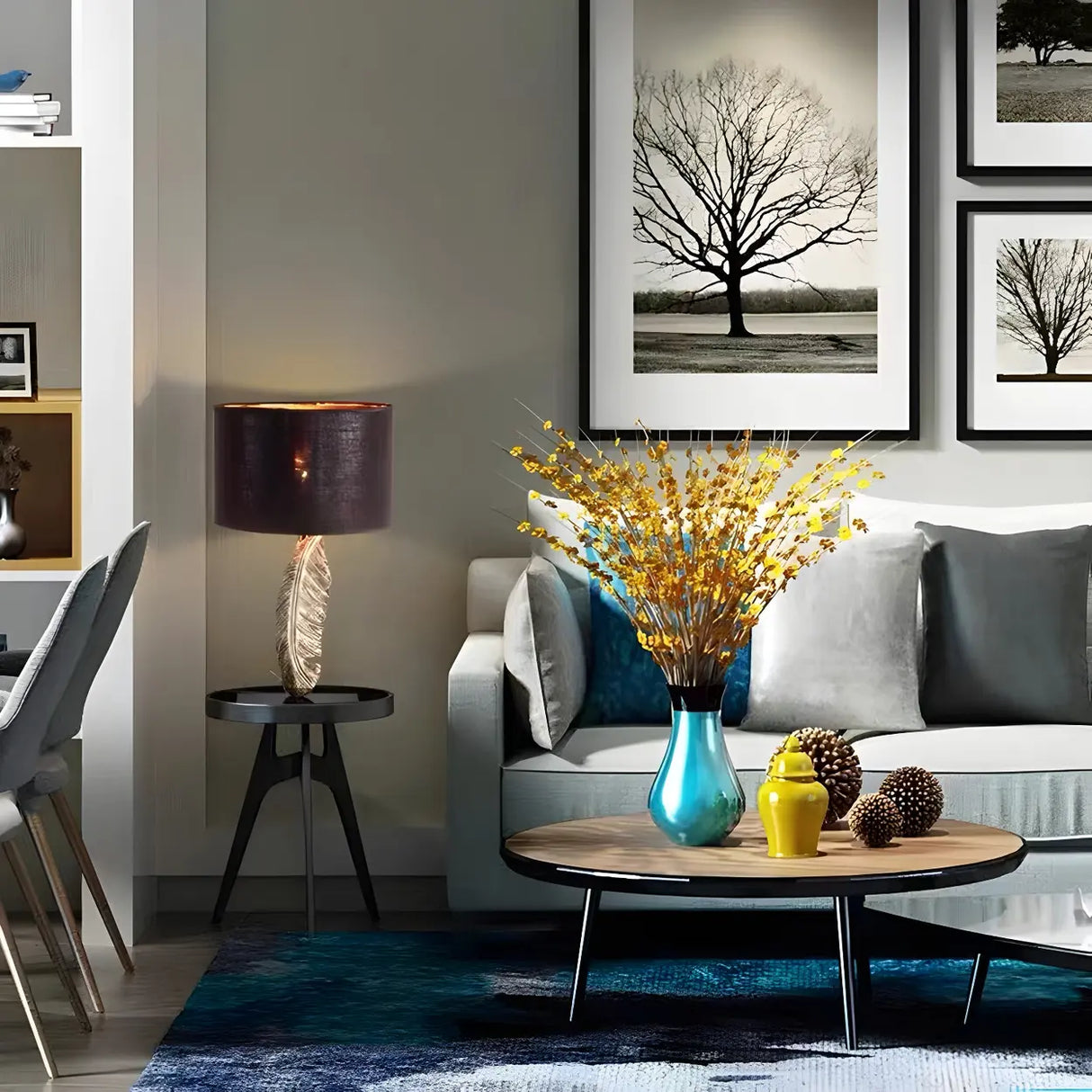 Stylish Black Drum Shade Chic Feather Base Table Lamp Image - 12