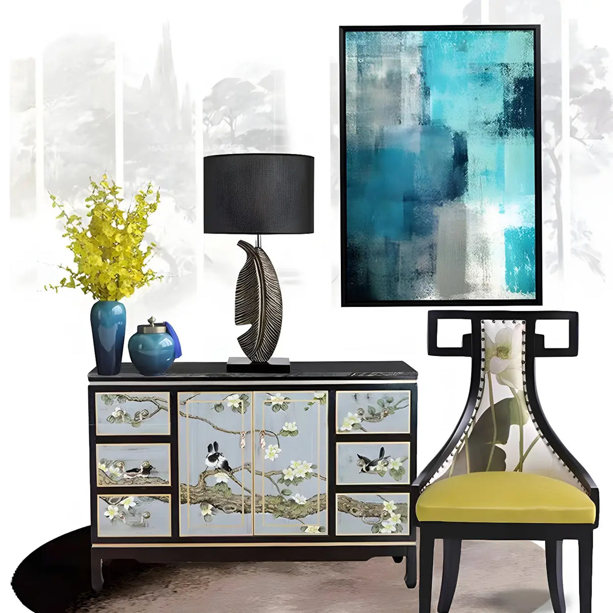 Stylish Black Drum Shade Chic Feather Base Table Lamp Image - 13