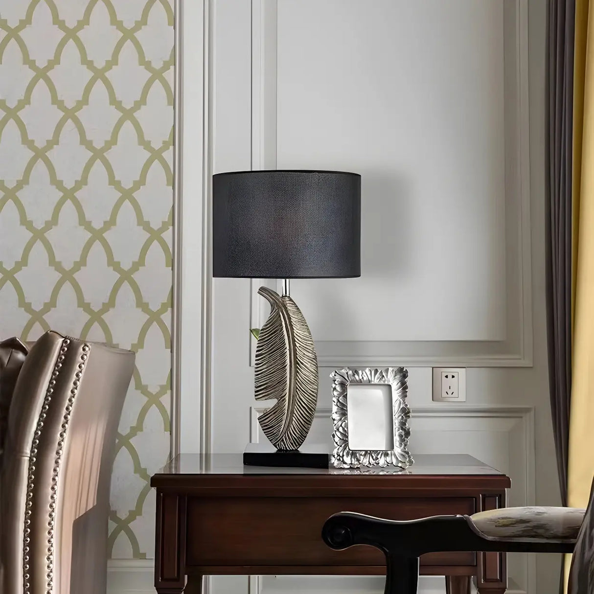 Stylish Black Drum Shade Chic Feather Base Table Lamp Image - 2