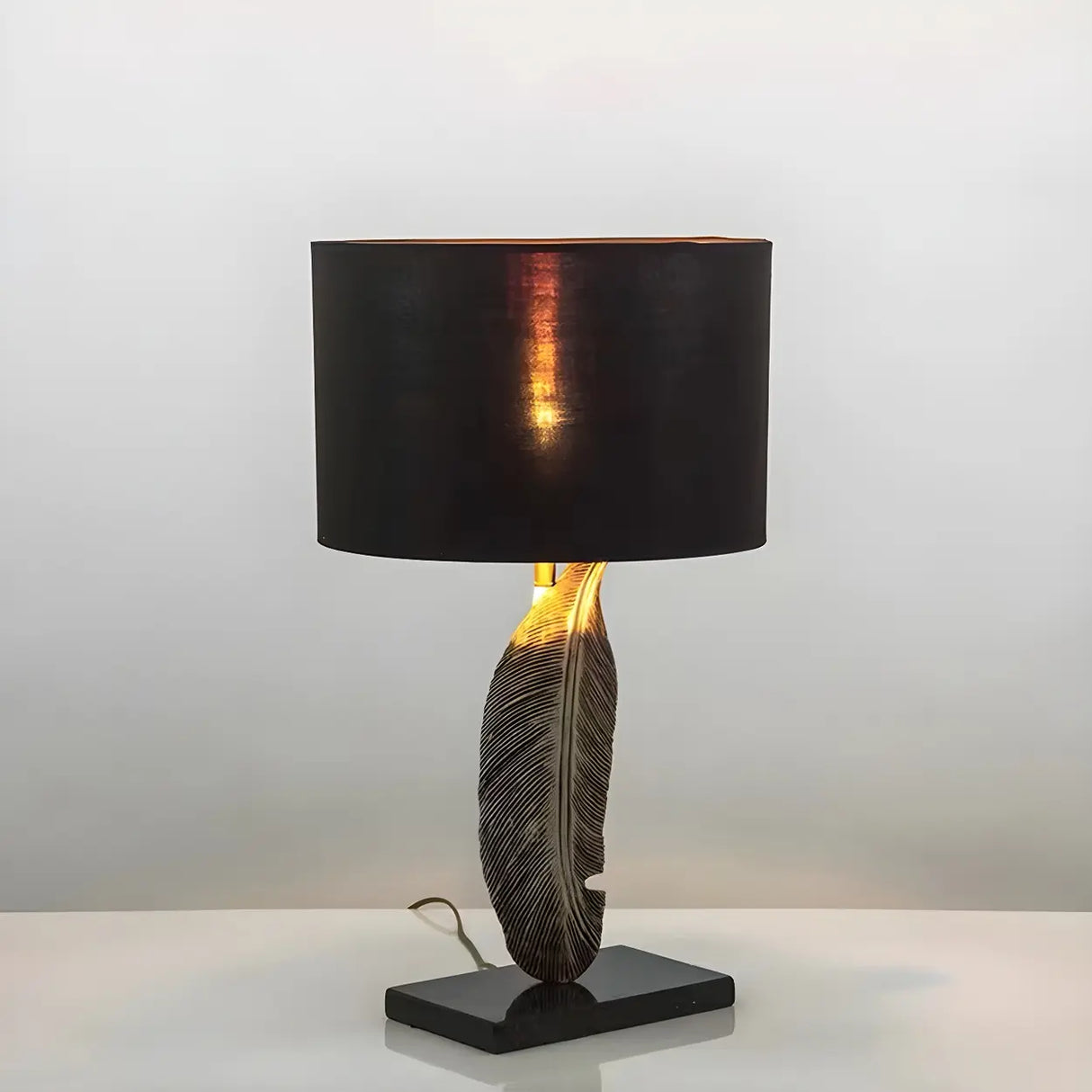 Stylish Black Drum Shade Chic Feather Base Table Lamp Image - 3