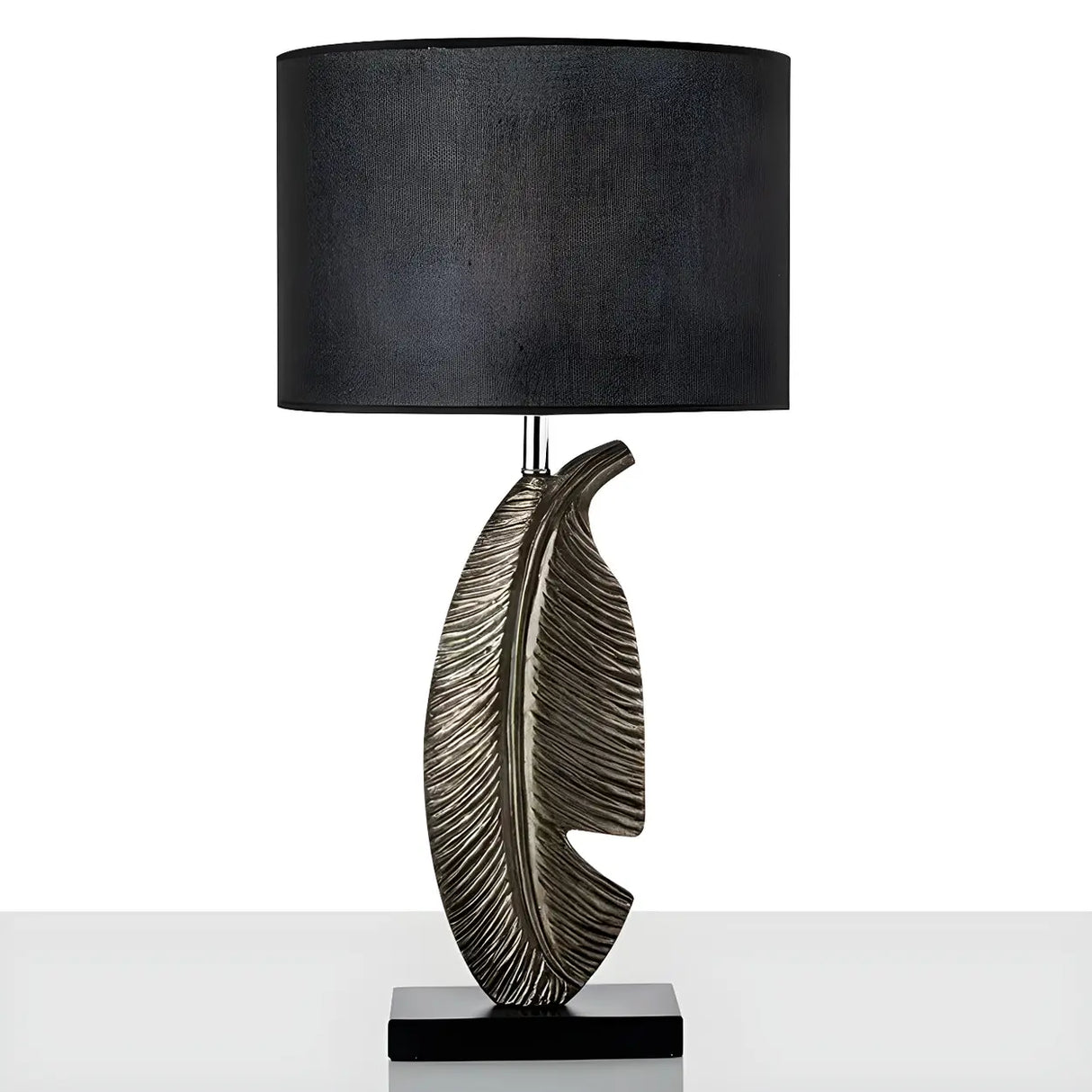 Stylish Black Drum Shade Chic Feather Base Table Lamp Image - 4