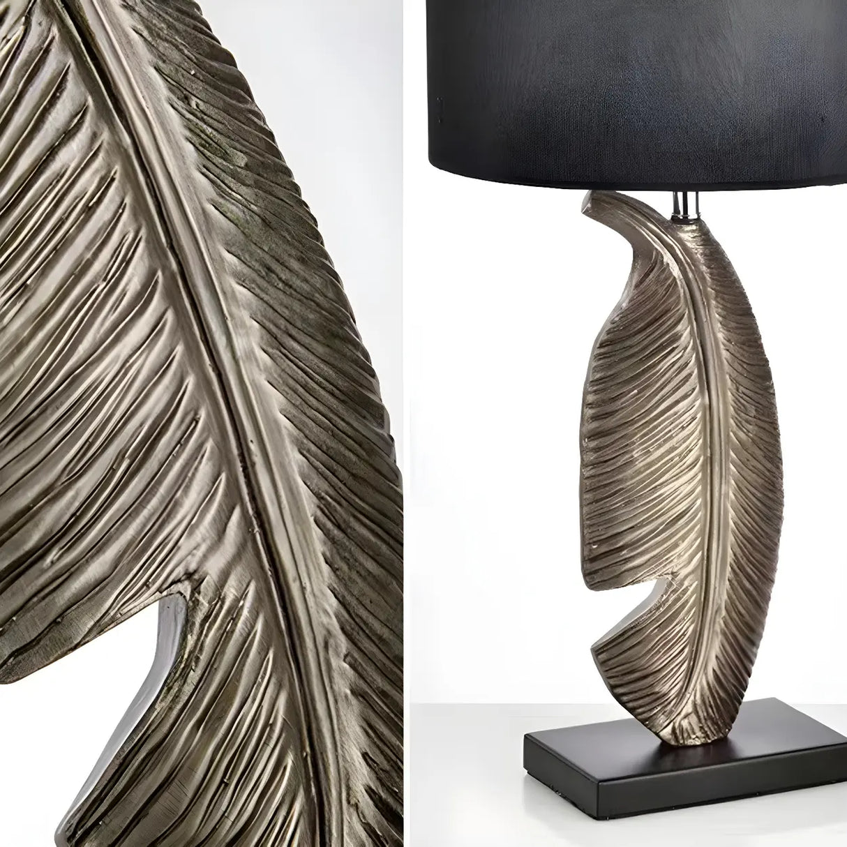 Stylish Black Drum Shade Chic Feather Base Table Lamp Image - 6