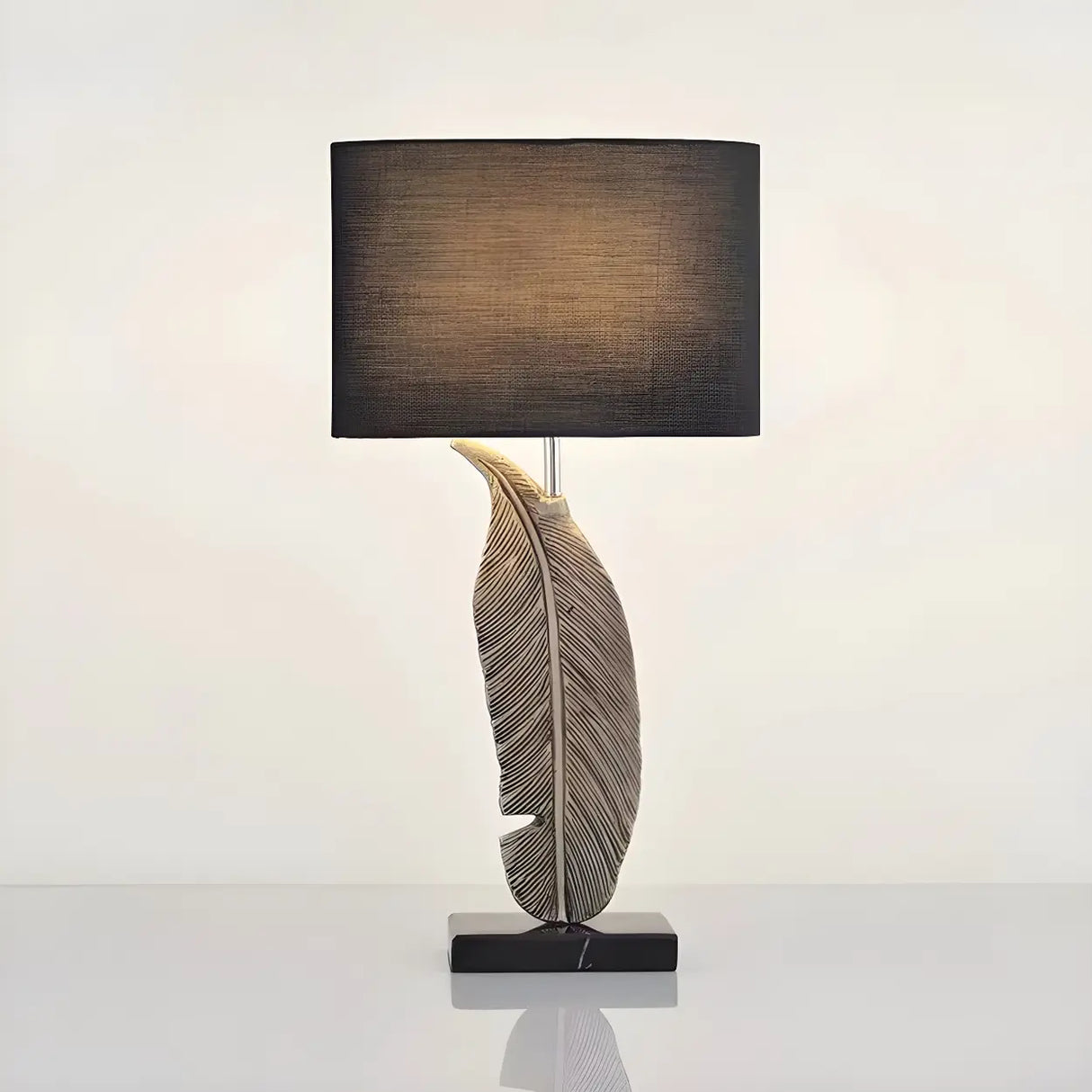Stylish Black Drum Shade Chic Feather Base Table Lamp Image - 8