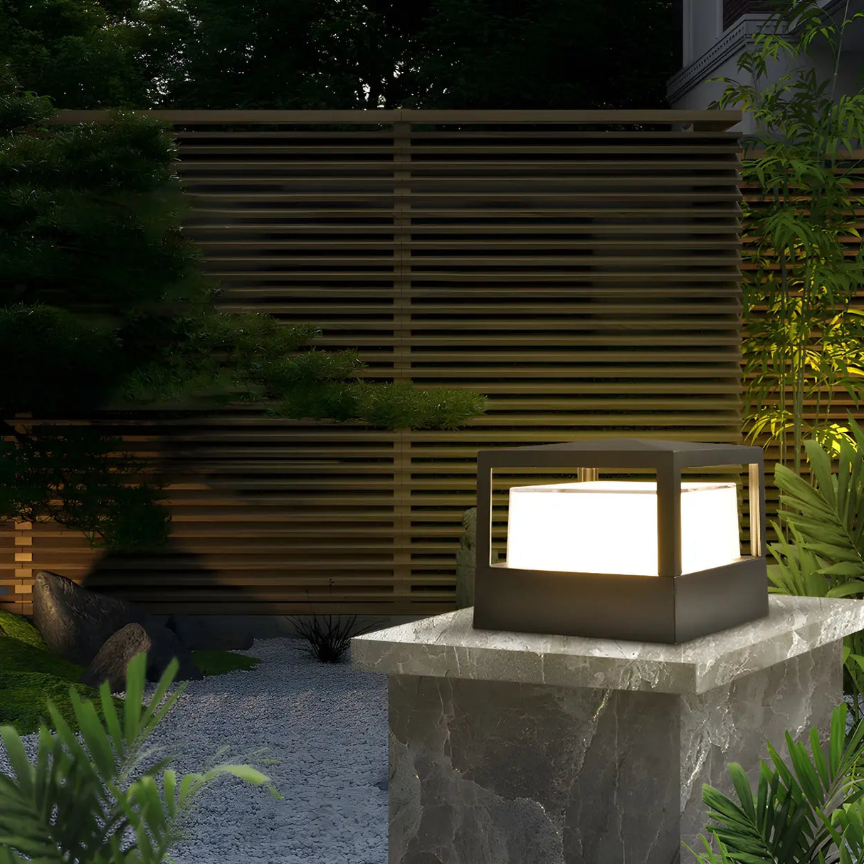 Stylish Black Metal Cylinder Post Outdoor Table Lamp Image - 15