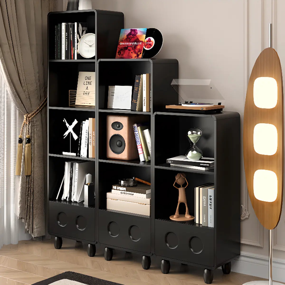 Stylish Black Rectangular Wood Sliding Storage Bookcase Image - 1