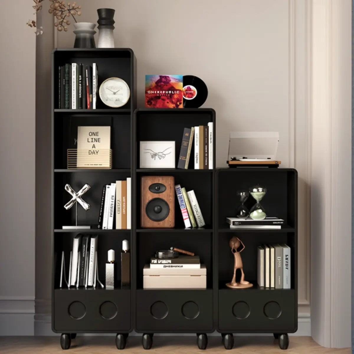 Stylish Black Rectangular Wood Sliding Storage Bookcase Image - 3