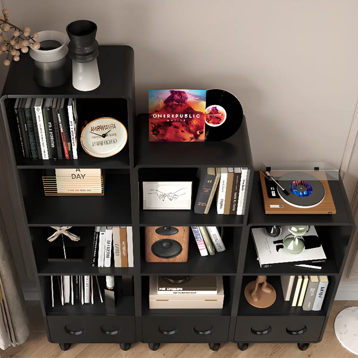 Stylish Black Rectangular Wood Sliding Storage Bookcase Image - 6