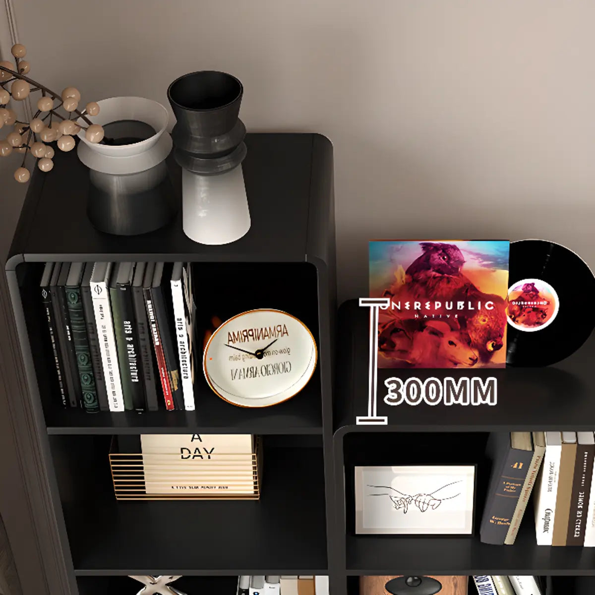 Stylish Black Rectangular Wood Sliding Storage Bookcase Image - 7