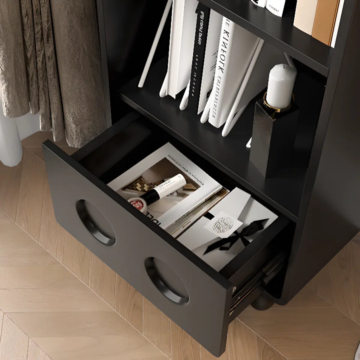 Stylish Black Rectangular Wood Sliding Storage Bookcase Image - 9