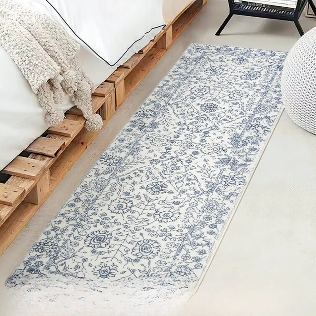 Stylish Blue Floral Rectangular Microfibre Area Rug Image - 1