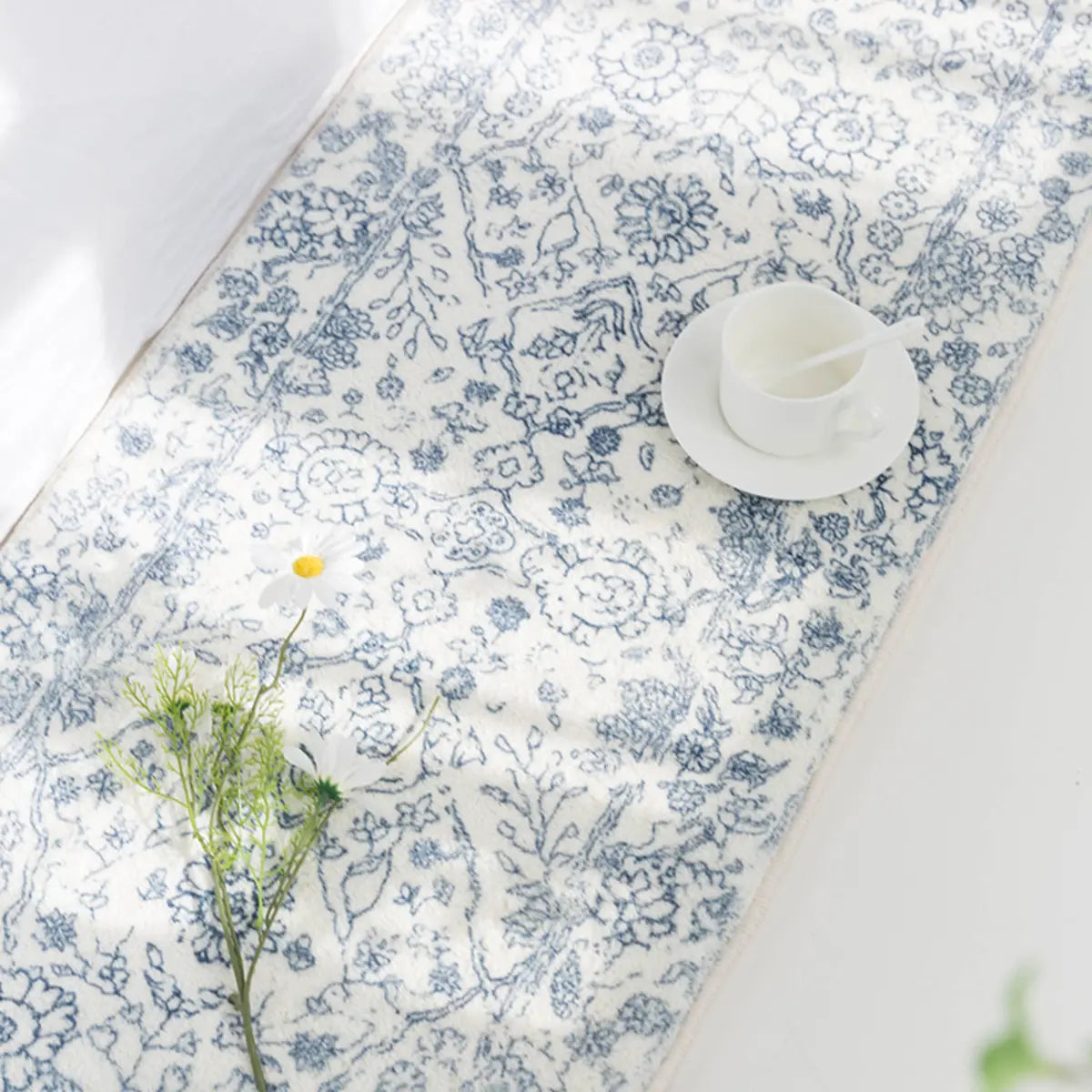 Stylish Blue Floral Rectangular Microfibre Area Rug Image - 3