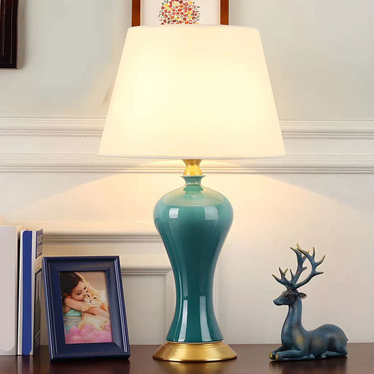 Stylish Blue Vase Ceramic Base Fabric Shade Table Lamp Image - 15