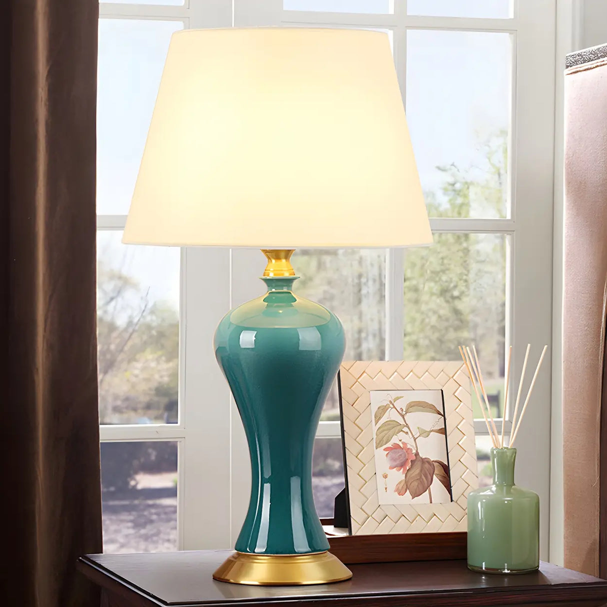 Stylish Blue Vase Ceramic Base Fabric Shade Table Lamp Image - 3