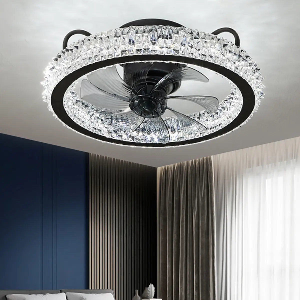 Stylish Crystal Flush Circle Ceiling Fan with Light Image - 1