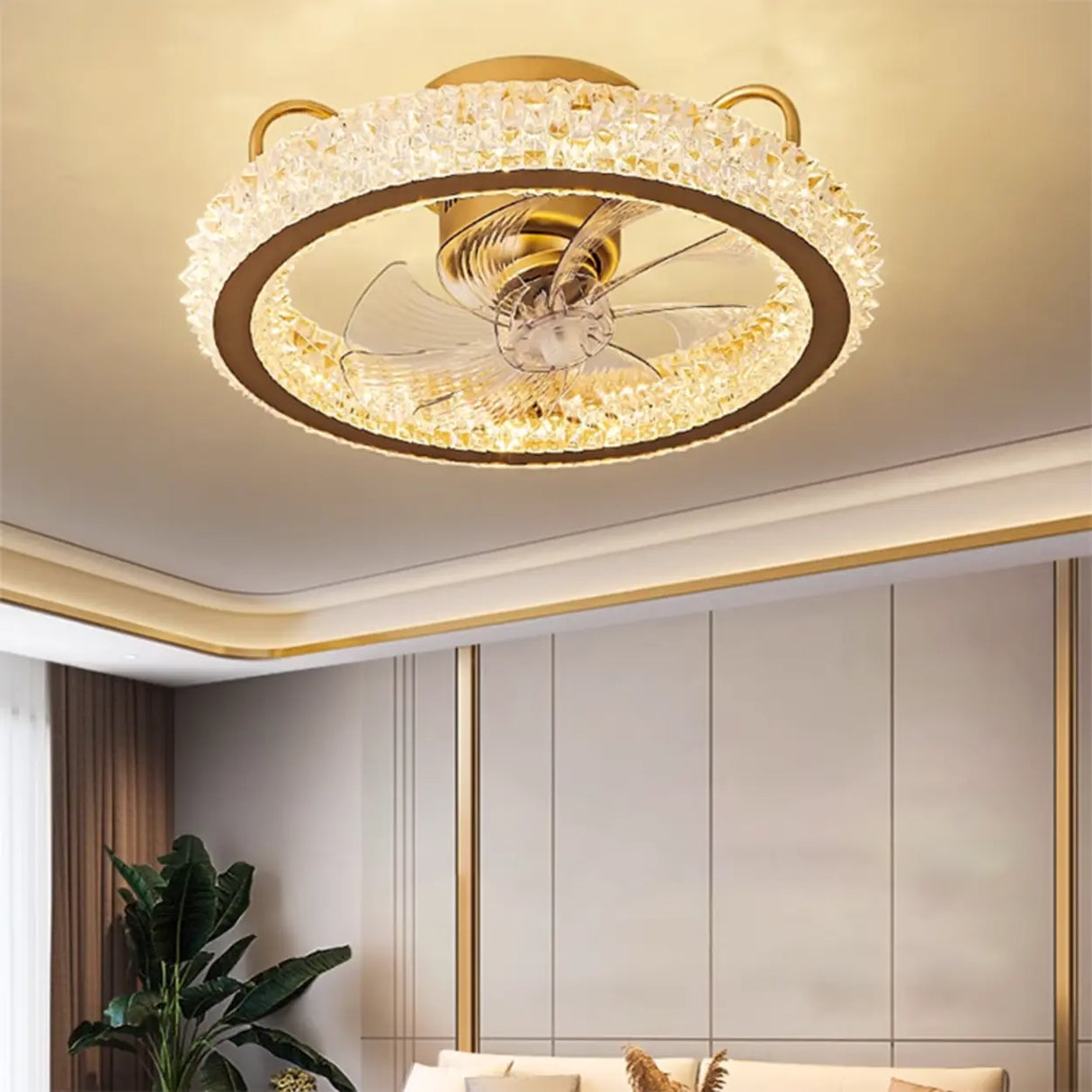 Stylish Crystal Flush Circle Ceiling Fan with Light Image - 3