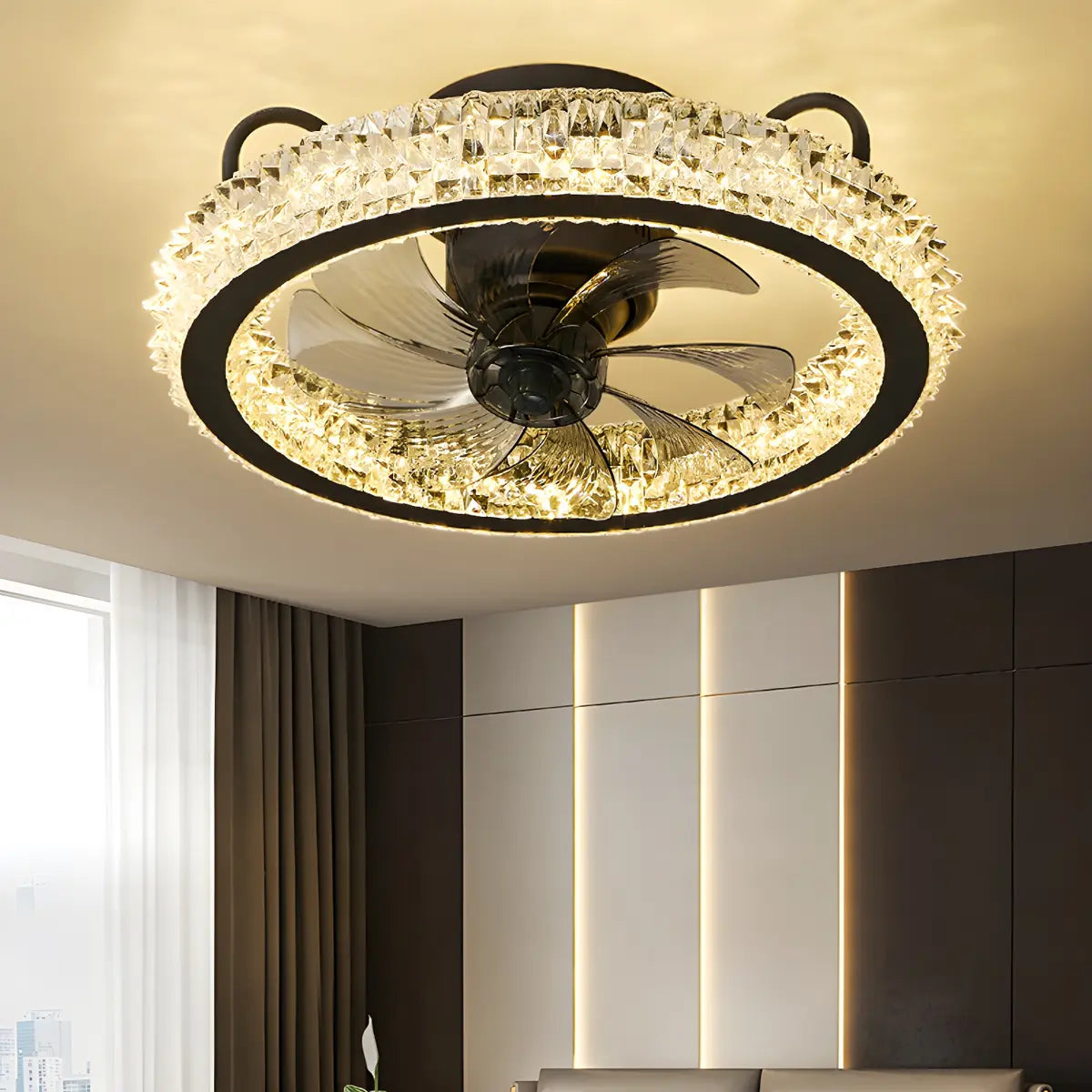 Stylish Crystal Flush Circle Ceiling Fan with Light Image - 2