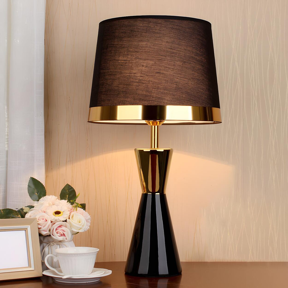 Stylish Fabric Barrel Ceramic Base Modern Table Lamp Image - 4