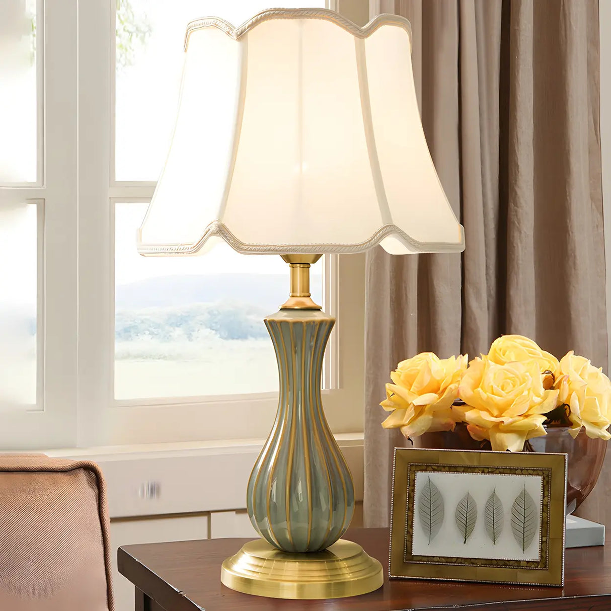 Stylish Geometric Drum-Shaded Brass Base Table Lamp Image - 10