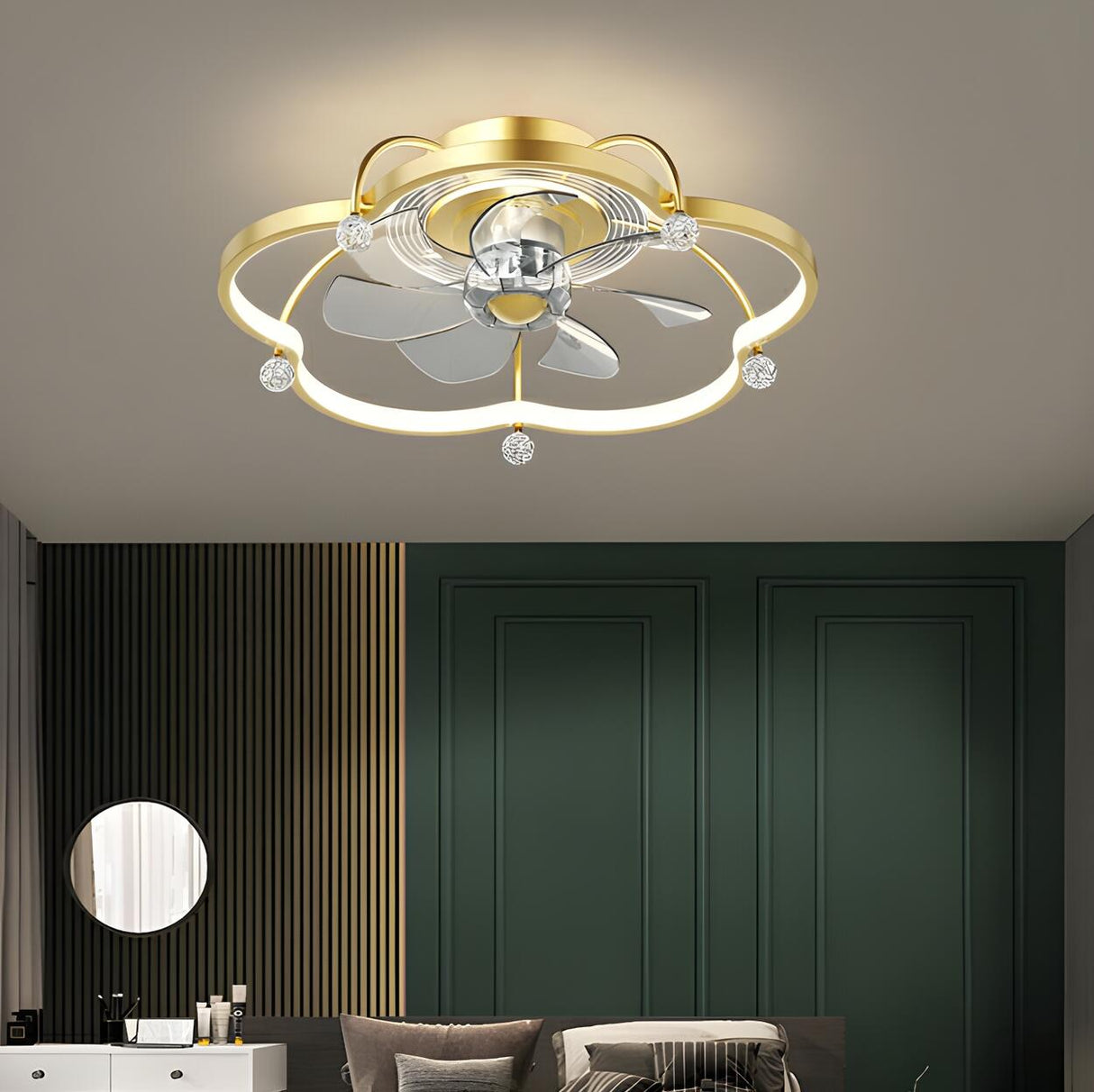 Stylish Gold Flower Metal Flush Ceiling Fan with Light Image - 3