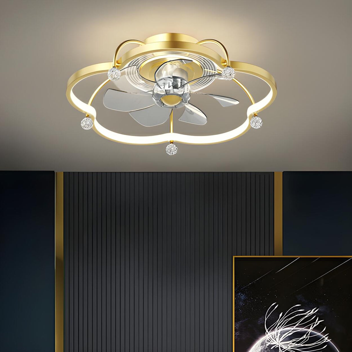 Stylish Gold Flower Metal Flush Ceiling Fan with Light Image - 4