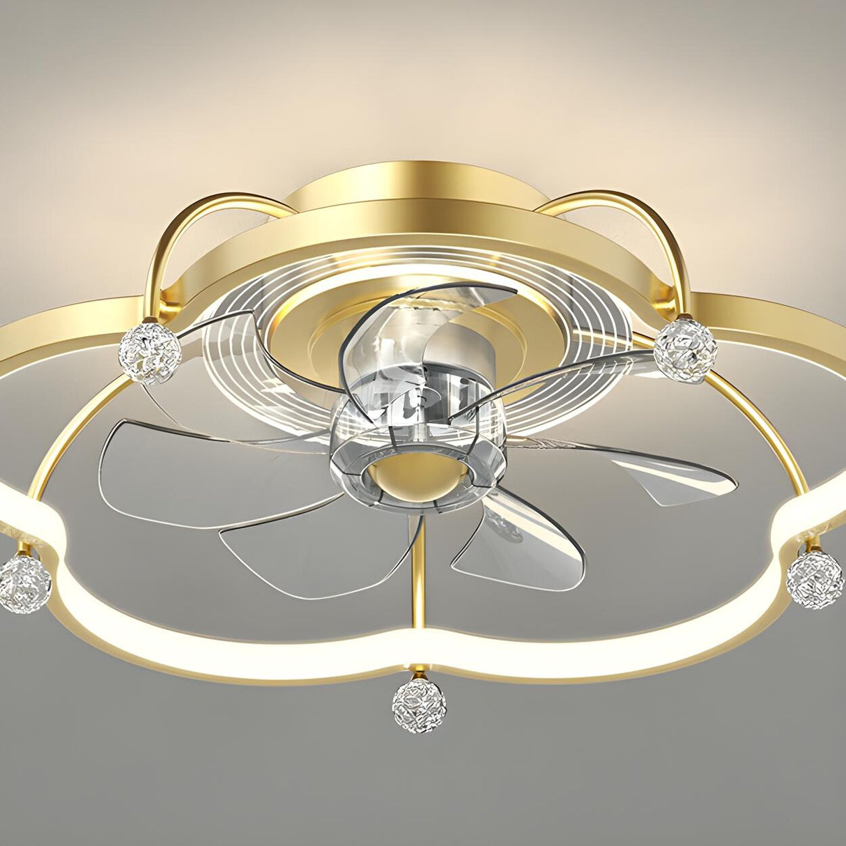 Stylish Gold Flower Metal Flush Ceiling Fan with Light Image - 7