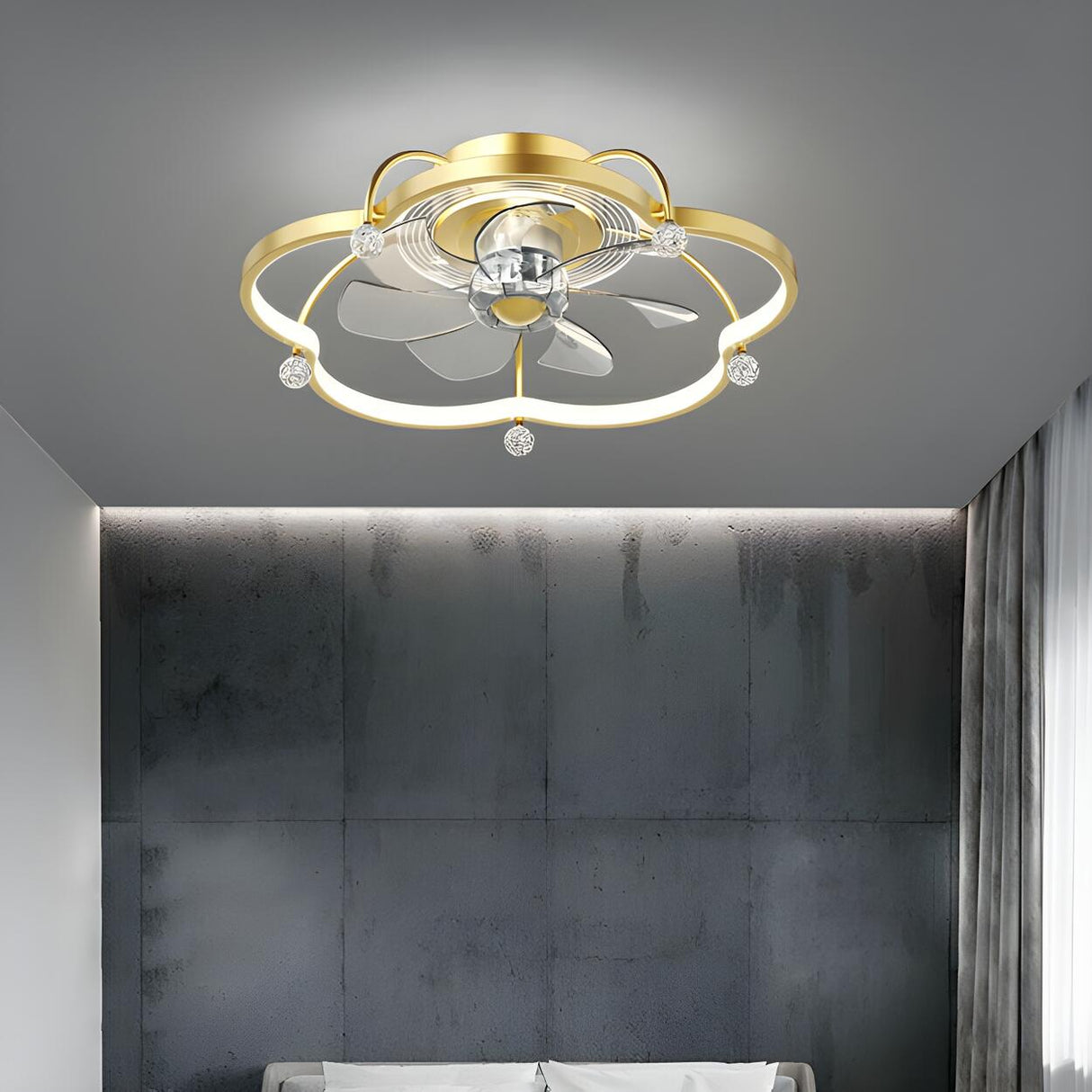 Stylish Gold Flower Metal Flush Ceiling Fan with Light Image - 9