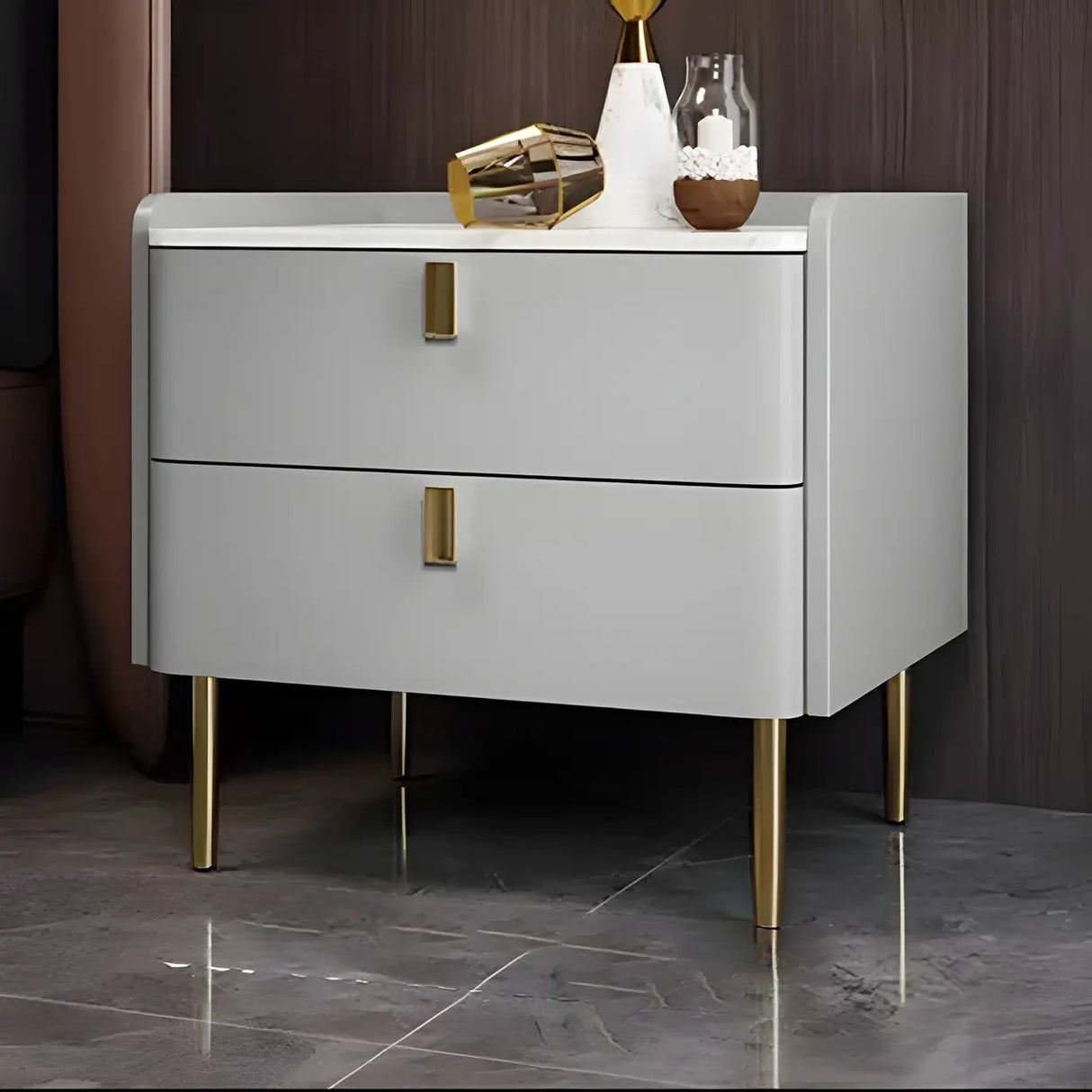 Stylish Marble Top White Storage Nightstand with Drawers Image - 10