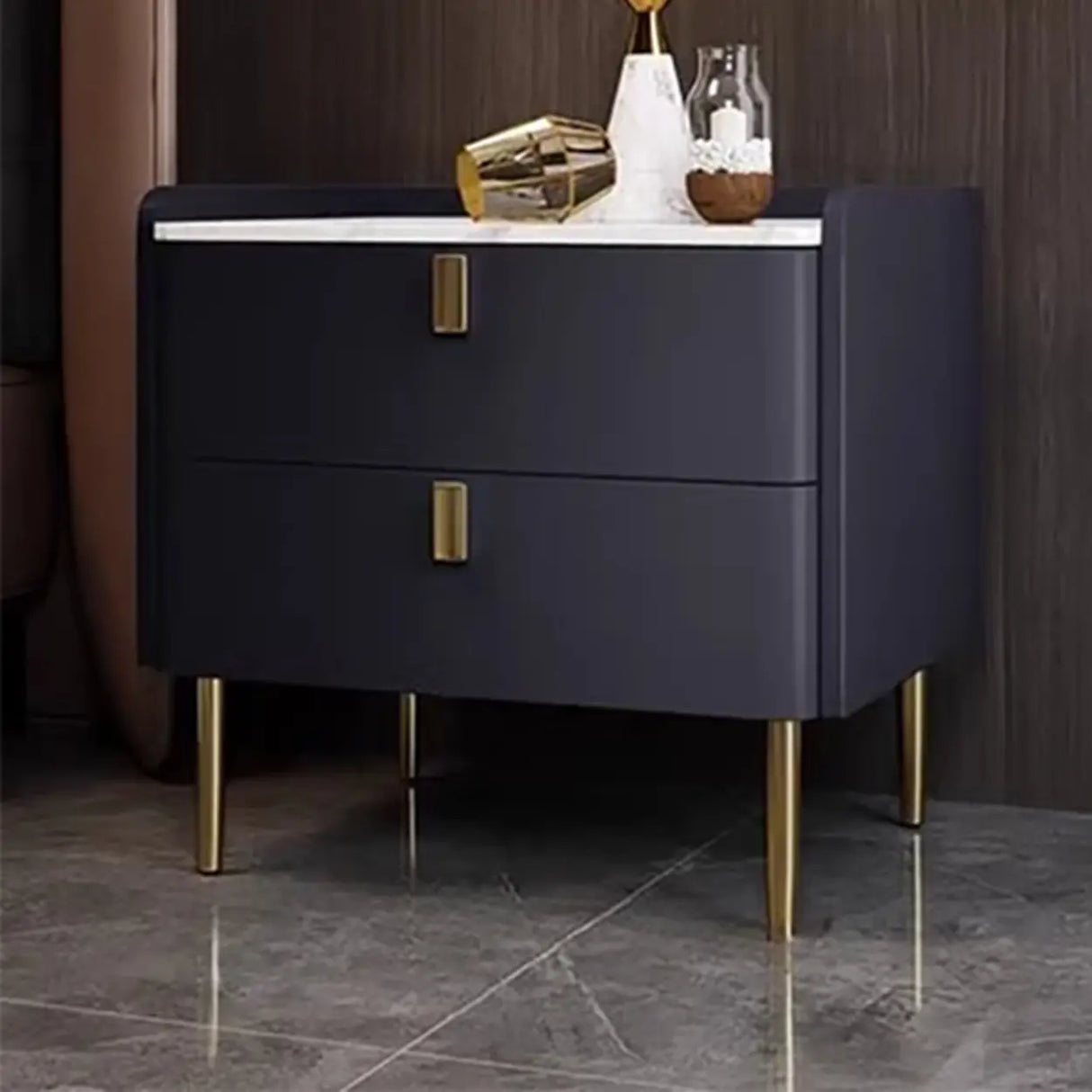 Stylish Marble Top White Storage Nightstand with Drawers Image - 3