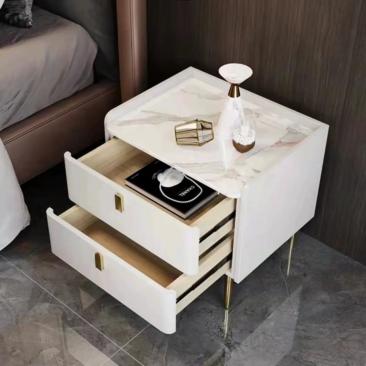 Stylish Marble Top White Storage Nightstand with Drawers Image - 4