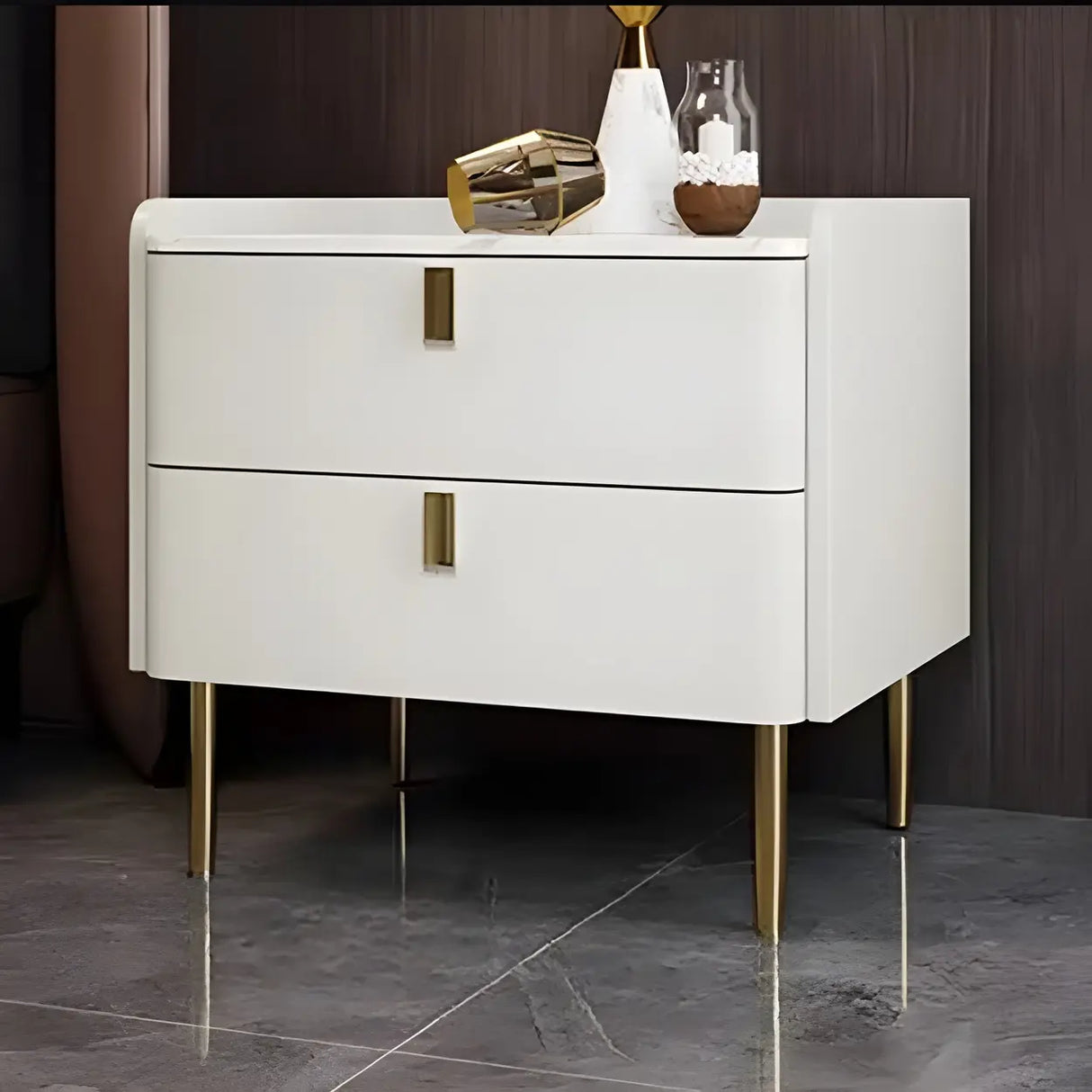 Stylish Marble Top White Storage Nightstand with Drawers Image - 5