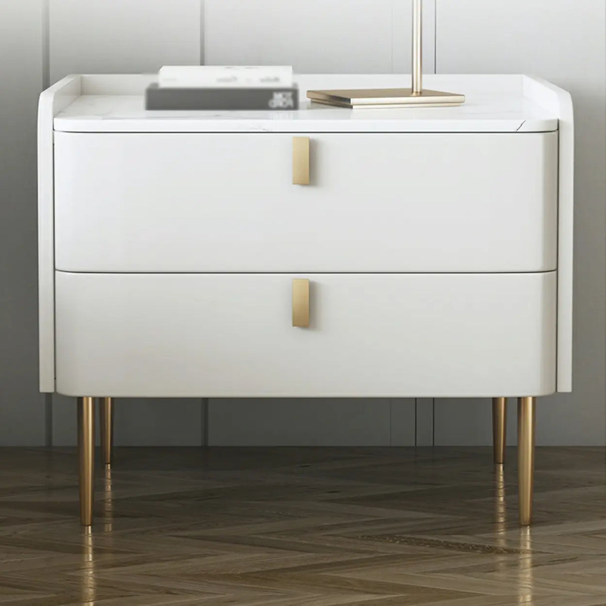 Stylish Marble Top White Storage Nightstand with Drawers Image - 9