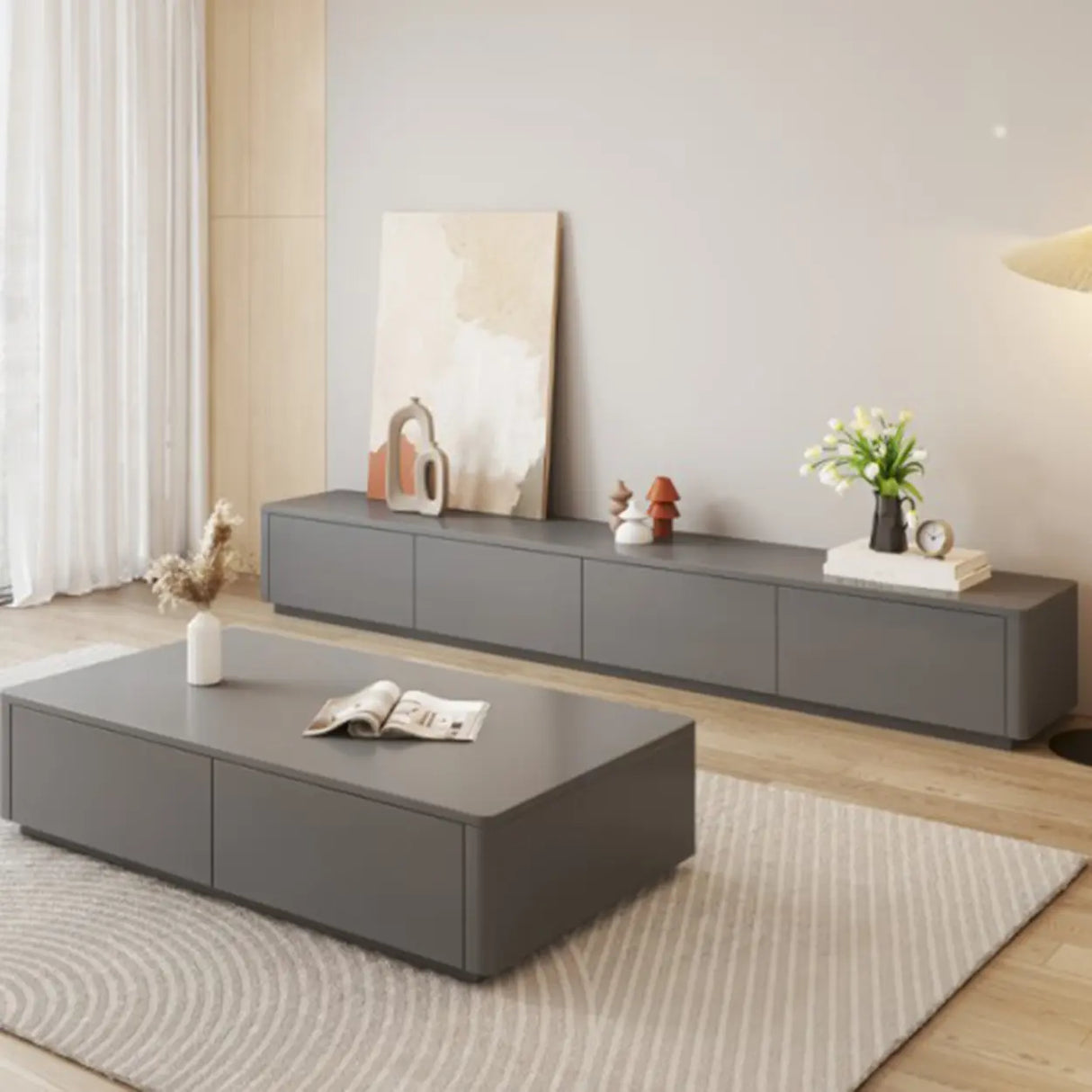 Stylish Milk Cocoa Wooden TV Stand with Drawers Image - 19