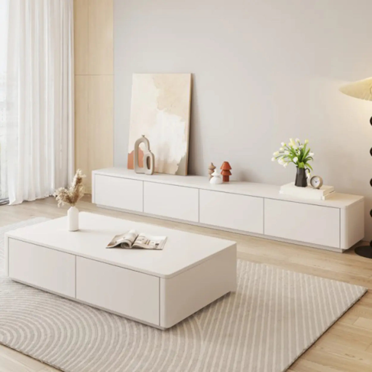 Stylish Milk Cocoa Wooden TV Stand with Drawers Image - 4