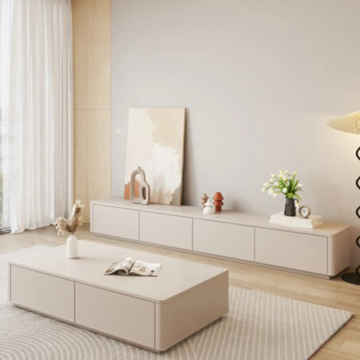 Stylish Milk Cocoa Wooden TV Stand with Drawers Image - 6