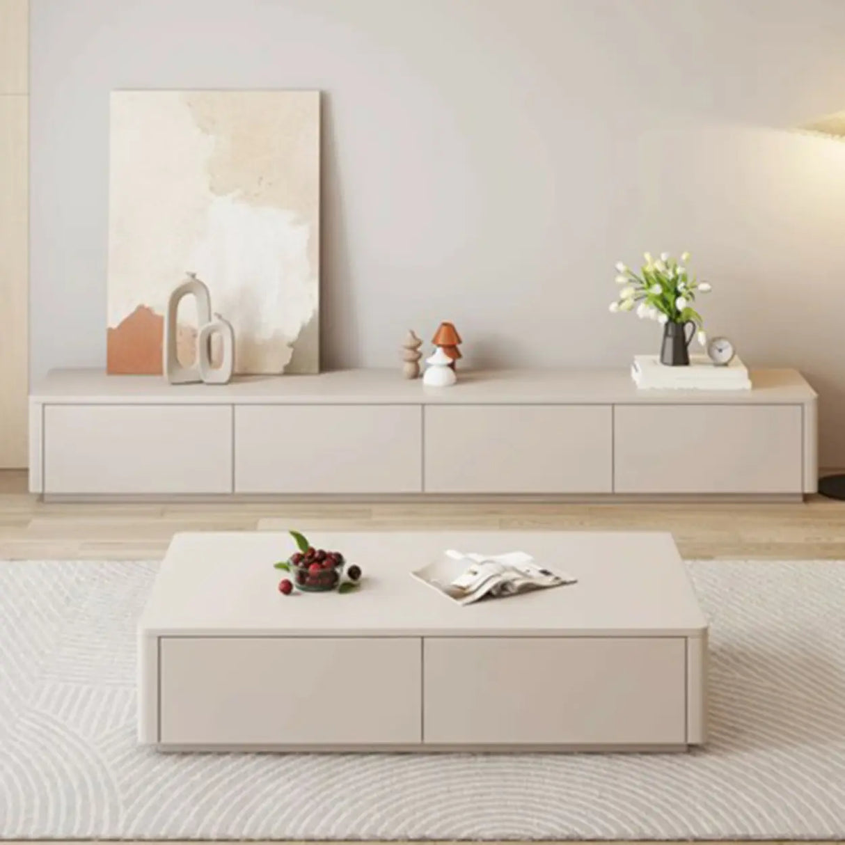 Stylish Milk Cocoa Wooden TV Stand with Drawers Image - 8