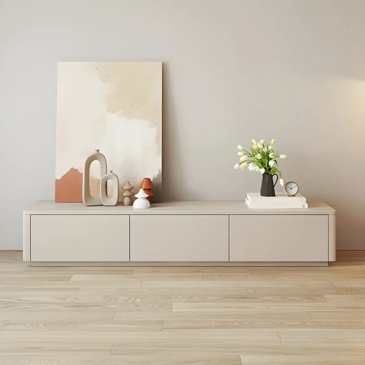 Stylish Milk Cocoa Wooden TV Stand with Drawers Image - 9