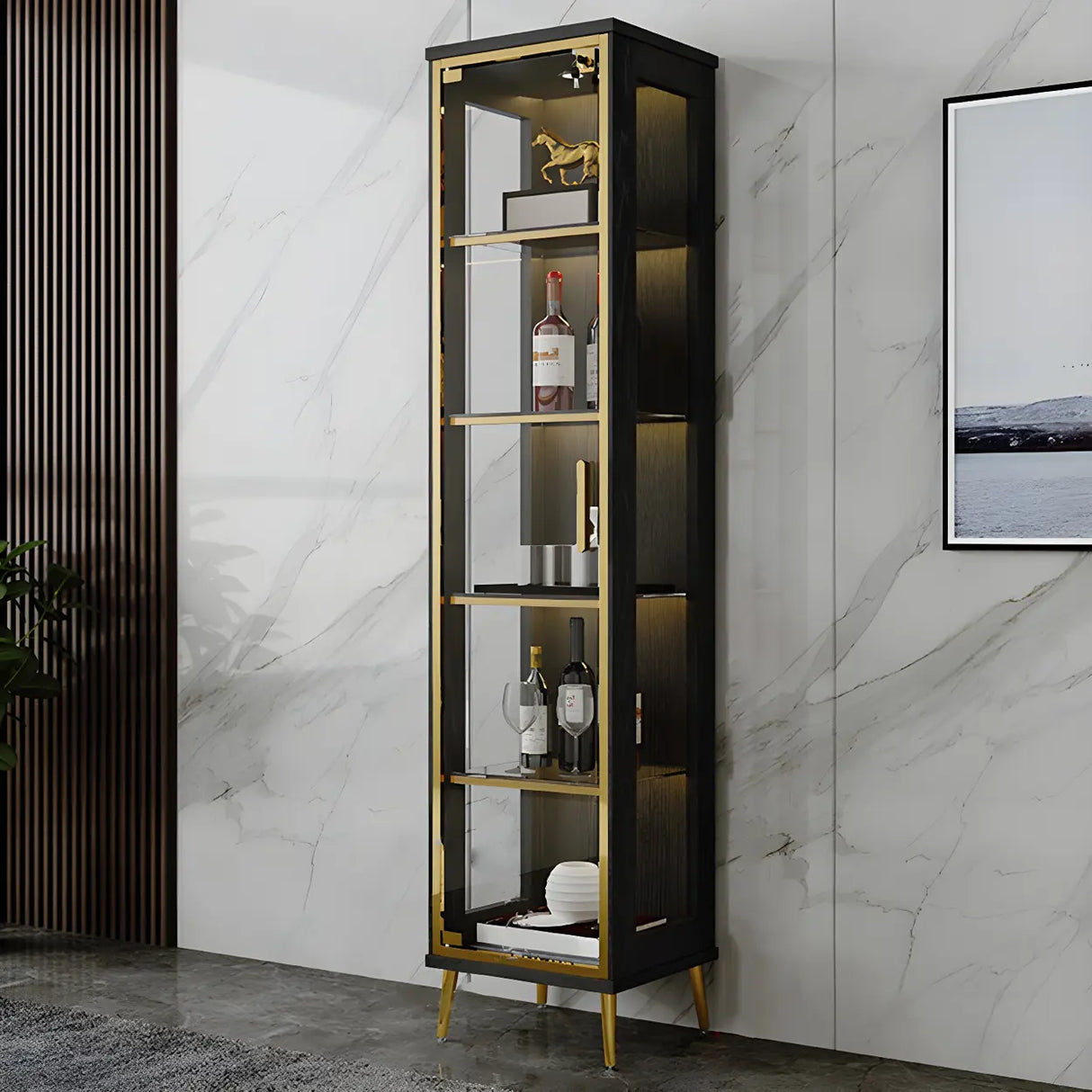 Stylish Narrow Glass Rubberwood Storage Wine Cabinet Image - 4