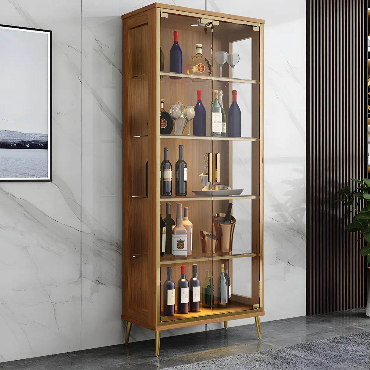 Stylish Narrow Glass Rubberwood Storage Wine Cabinet Image - 5