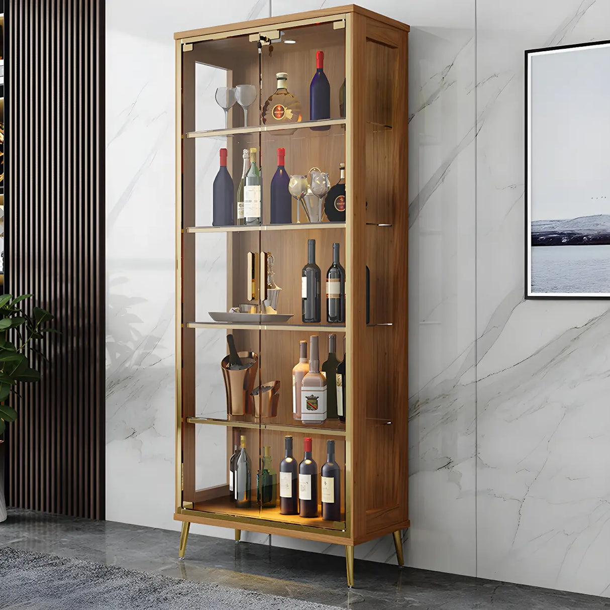 Stylish Narrow Glass Rubberwood Storage Wine Cabinet Image - 6