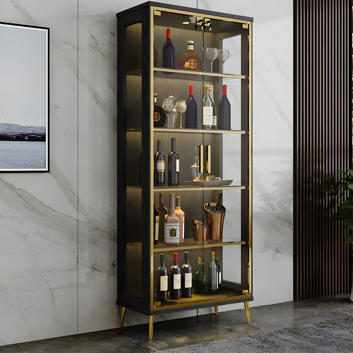 Stylish Narrow Glass Rubberwood Storage Wine Cabinet Image - 7