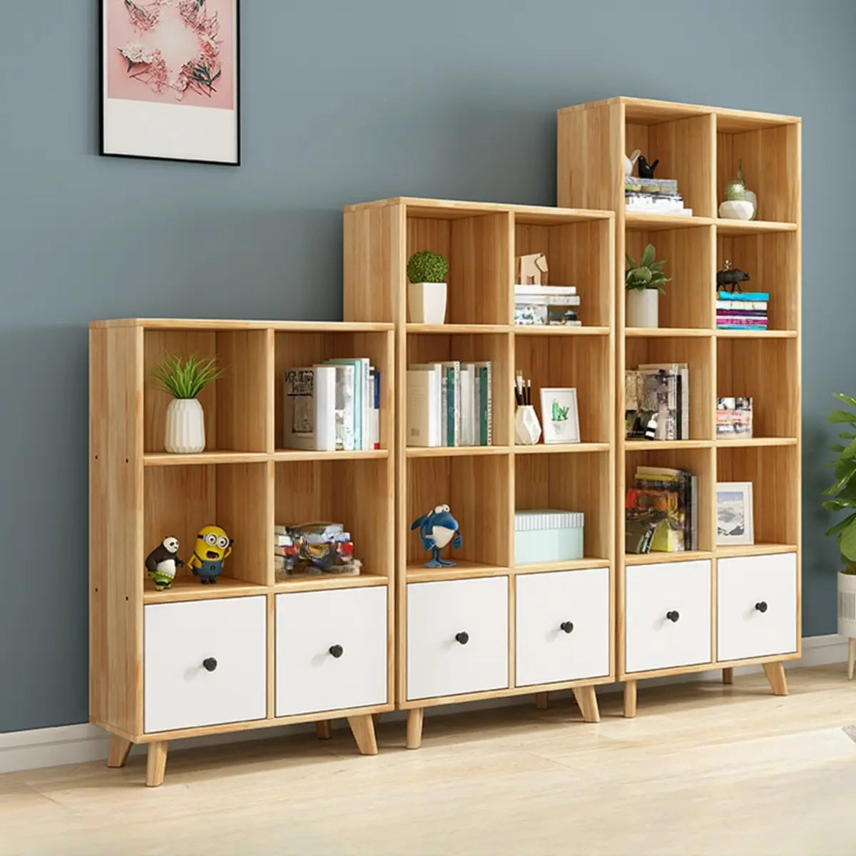 Stylish Natural Wood Drawers Tall Pine Storage Bookcase Image - 1